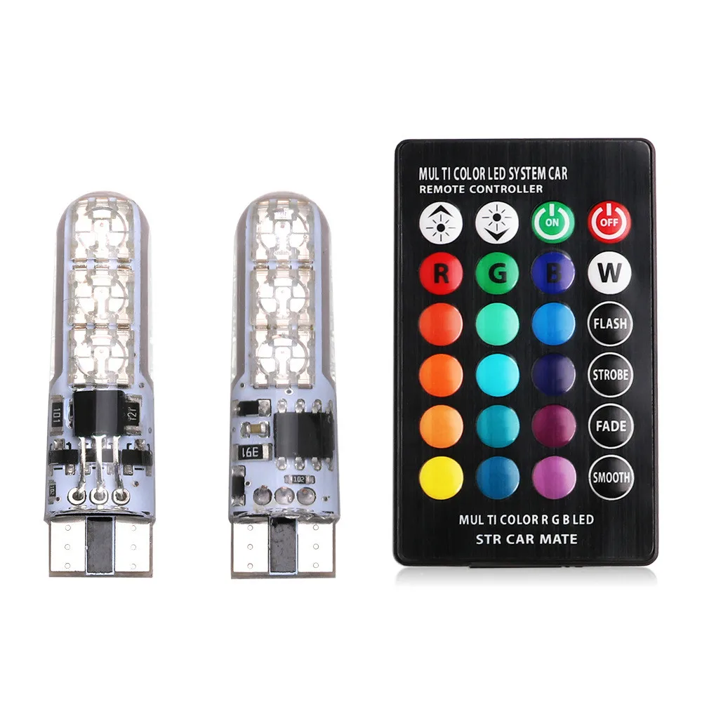 

4x T10 5050-6SMD 12V 0.1A Universal LED Car Lights LED Bulbs 5050RGB 1.32W Strobe Led Lamp Clearance Light 2led+remote Control