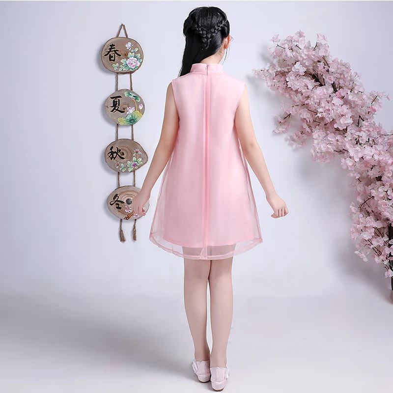 Летнее платье для девочек одноцветное без рукавов шифоновый Чонсам девочки