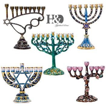 

H&D Set 5 Hand Painted Hanukkah Enamel Menorah Candelabra Chanukah Temple Candlesticks 9 Branch Star of David Candle Holder