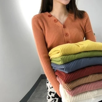 

Basic Slim Knitted Pullover 2020 Spring Soft V Neck Sweater Women Women Button Jumper Sweater Winter Pullover Sropa Mujer