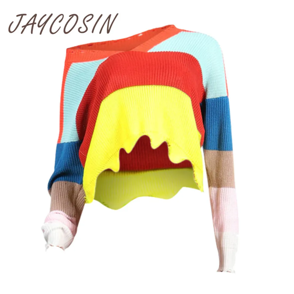 JAYCOSIN Женская одежда, радужные свитера, контрастный цвет, v-образный вырез, укороченный топ, женские свитера, вязаный свитер с кисточками, свободный женский зимний свитер