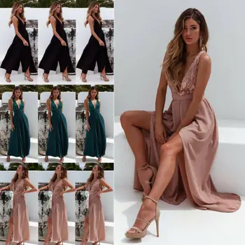 

2019 Women Romper Summer Sexy V Neck Sleeveless Backless Bandage Jumpsuit Loose Wide Leg Pants Trousers Playsuit Elegant Romper