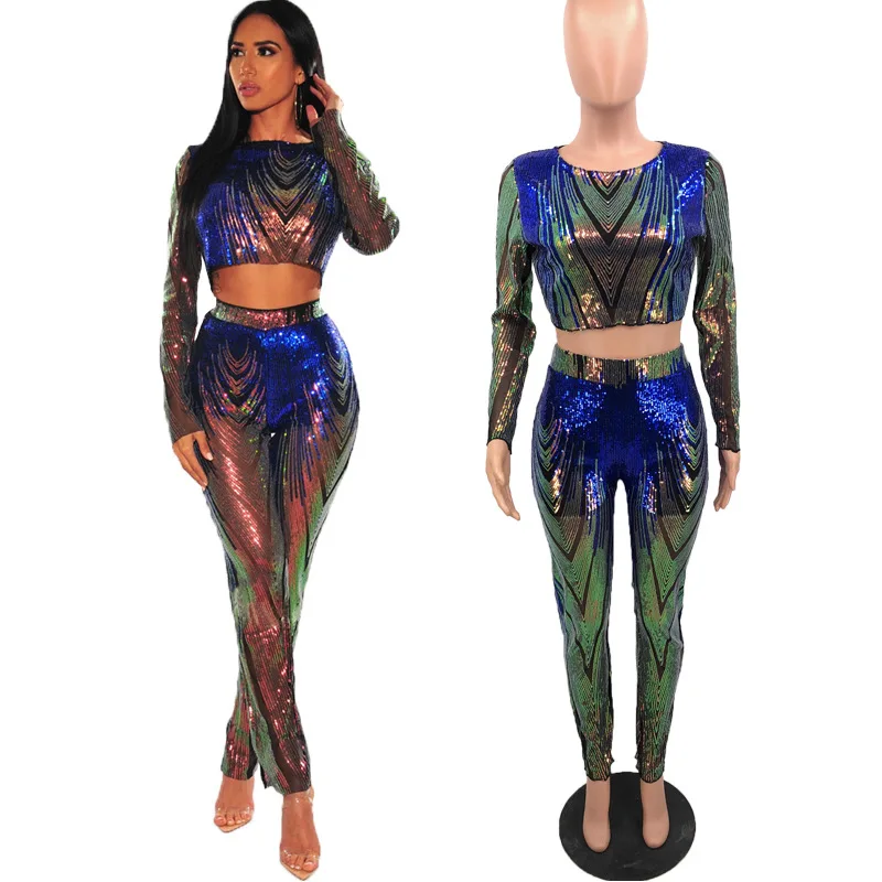 

New fashion women bodycon jumpsuit slim two pieces set nightclub women pant suit sequined bodycon long sleeve stage costume