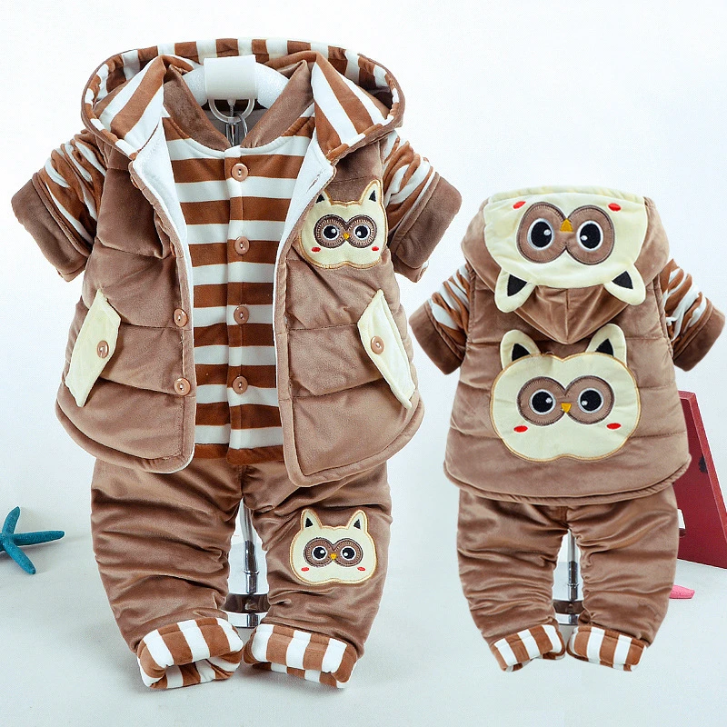Комплекты зимней одежды для малышей теплый хлопковый костюм для маленьких мальчиков и девочек, плотные толстовки с героями мультфильмов+ Топы+ штаны, 3 предмета