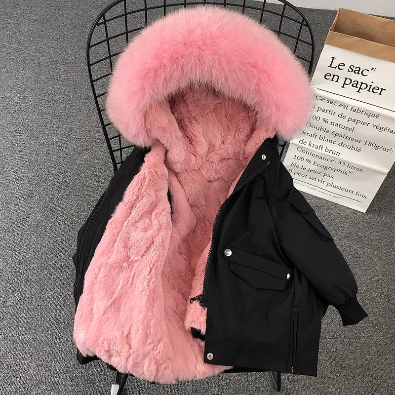 Black Pink Fur На температуру-30 градусов, теплые детские куртки-парки длинная куртка C мехом из натурального меха енота с капюшоном натуральный кроличий мех, на открытом воздухе зимнее пальто для девочек и мальчиков - Цвет: Black Pink Fur