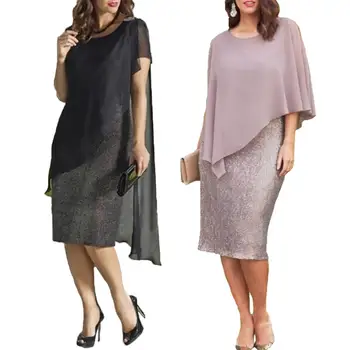 

2020 одежда Elegant Women Plus Size O-Neck Chiffon Patchwork Double Layer Casual Loose Lady Office Party Midi Pencil Dress