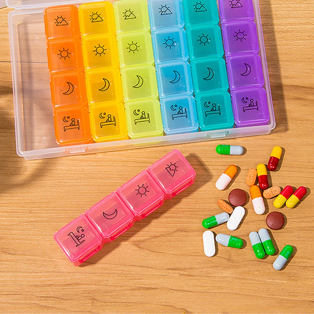 Pill Box 28 Slots AM/PM 7 Color Detachable Storage Case Weekly 7 Day Transparent Medicine Organizer