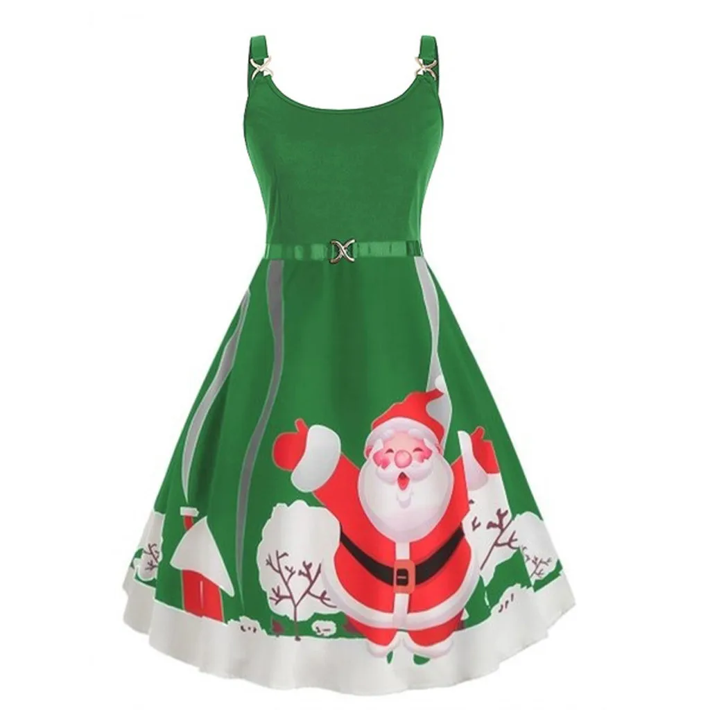 Осенне-зимнее рождественское платье Новогоднее праздничное женское модное винтажное рождественское платье с принтом Санта Клауса и снежинки#25