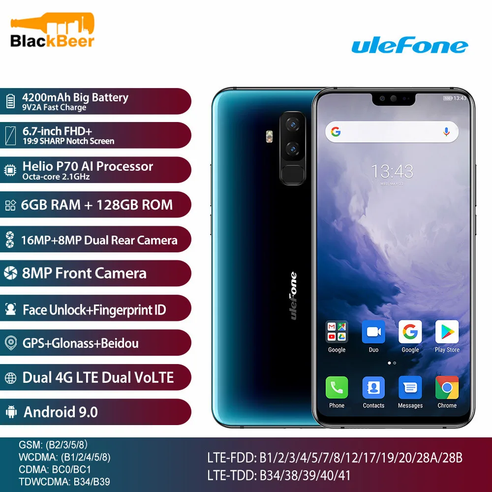 Ulefone T2 T 2 6,7 дюймовый мобильный телефон Helio P70 Восьмиядерный 6 ГБ+ 128 Гб мобильный телефон Android 9,0 смартфон с беспроводной зарядкой