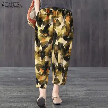 

ZANZEA Bohemian Women Elastic Waist Floral Print Pants Vintage Cotton Linen Trousers Loose Harem Pants Casual Plus Size Pantalon