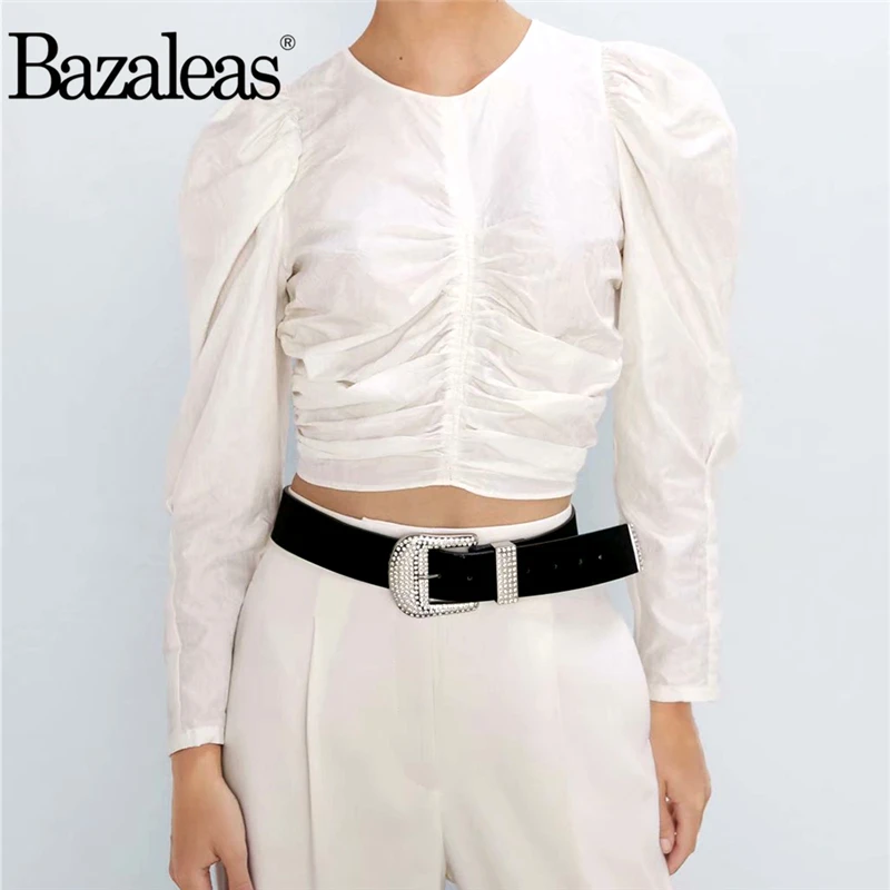 

Dropshipping Chic Long Sleeve White women Crop Top Fashion Ruched Cotton Cropped blouse Vintage blouses