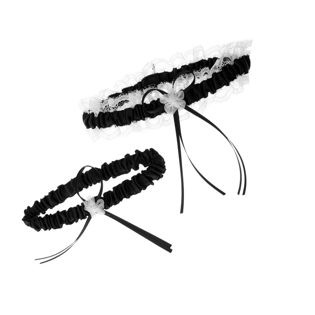 2Pcs Rustic Bridal Wedding Garter Floral Stretch Bridal Lace Satin Bowknot Thigh Ring Soft Socks Hen Party Lace Pearls Garter