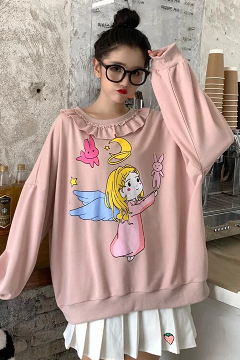 Kawaii милый мультфильм графический принт толстовка с капюшоном маленький свежий воротник с рюшами женские толстовки свободные весенние и осенние Топы в Корейском стиле