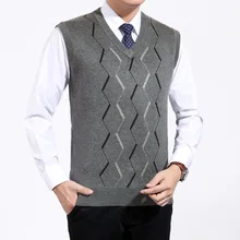 Человек Бизнес Повседневное мужской темно-синий вязаный жилет на осень-весну теплый мягкий шерстяной смеси жилет для мальчиков; детский пуловер с треугольным вырезом, жилеткой, Slim Fit Топы