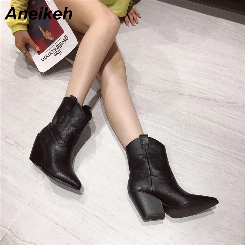 

Aneikeh 2020 Spring Autumn Mature Wedges Cossacks Chelsea Boots Pointed Toe Slip-On Women's Boots Dance High Heel Shoes Shallow