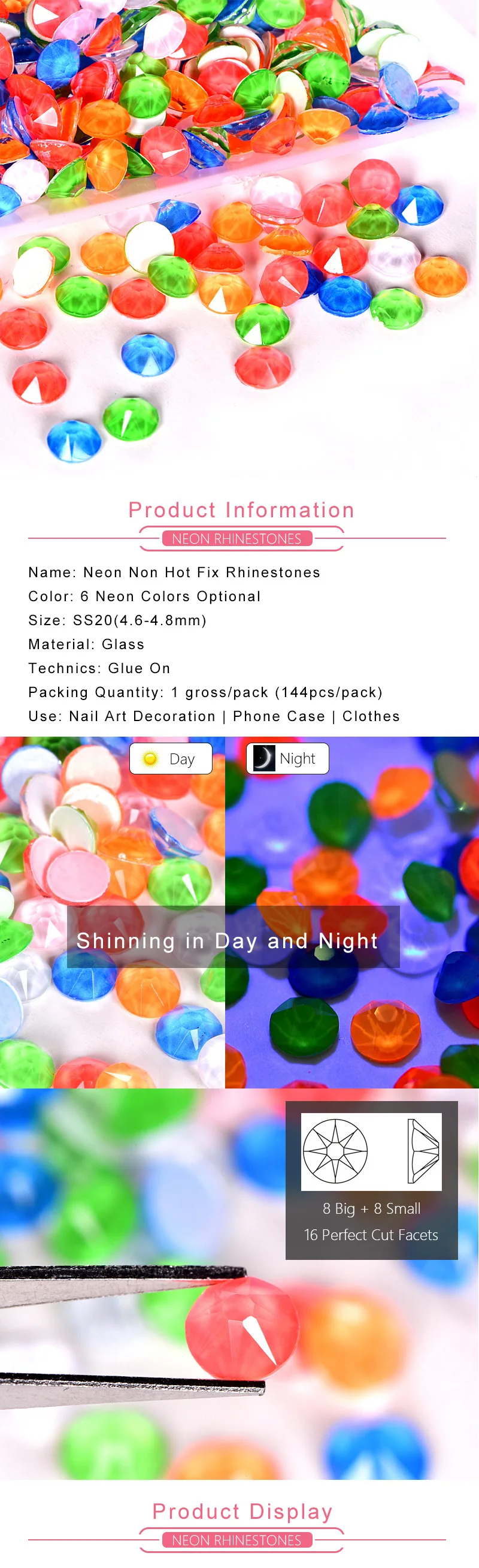 Description Picture 4 of itemSS6-30 Glitter Neon Non Hotfix Rhinestones Glow in Ultraviolet Light Brillantina Nails Crystals Strass for Nail Art Nail Charms