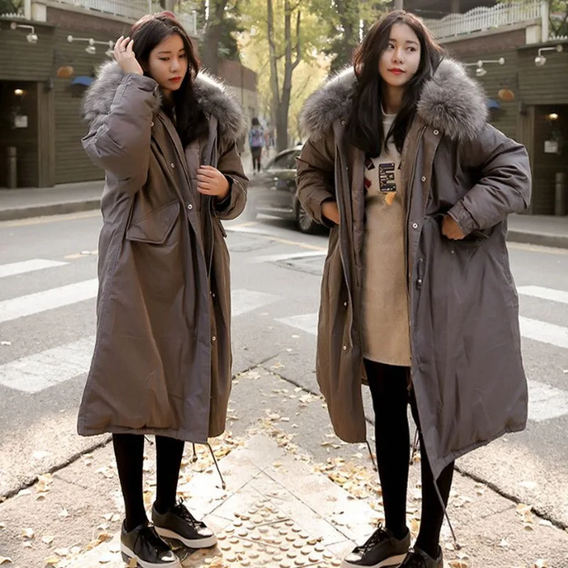 

South Korea Winter Cotton-padded Clothes Women's Mid-length Large Fur Collar Slim Fit Thick Korean-style Large Size Loose-Fit Wo