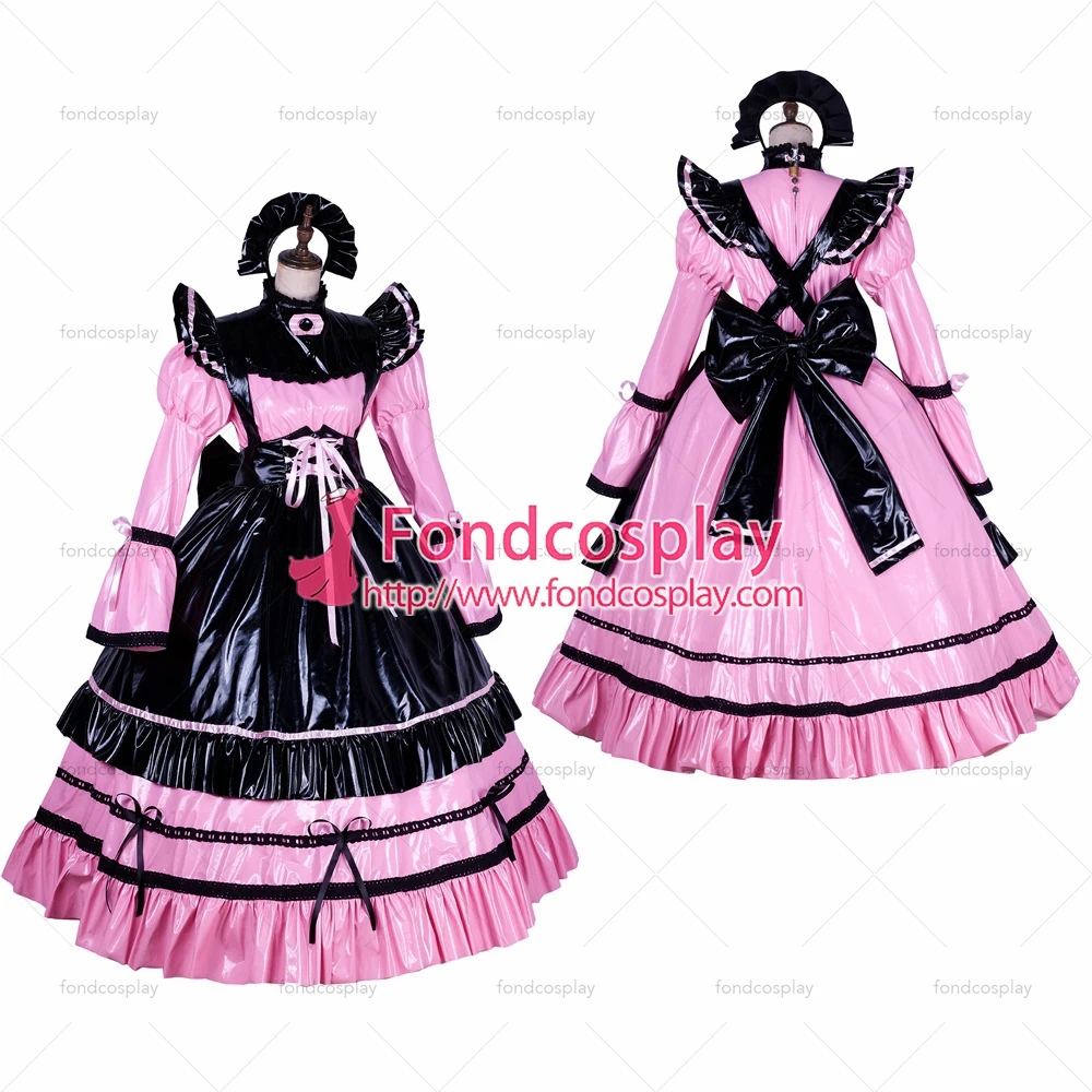 fondcosplay adult sexy cross dressing sissy maid long Lockable pink PVC Vinyl Dress Uniform black apron Tailor-made[G1763] |