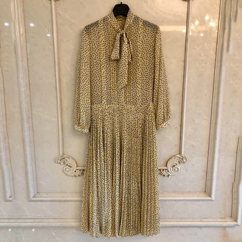

Long Dress Women Summer Elegant Bow Collar Long Sleeve Dress Ladies Dot Print Party Silk Dress