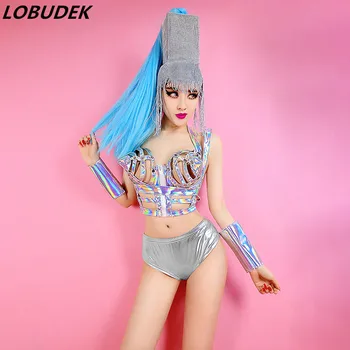 

New Sexy Stage Costume For Women Singer Silver Laser Bikini Rhinestones Headgear Suit Bar Nightclub DJ Dance Performance Clothes