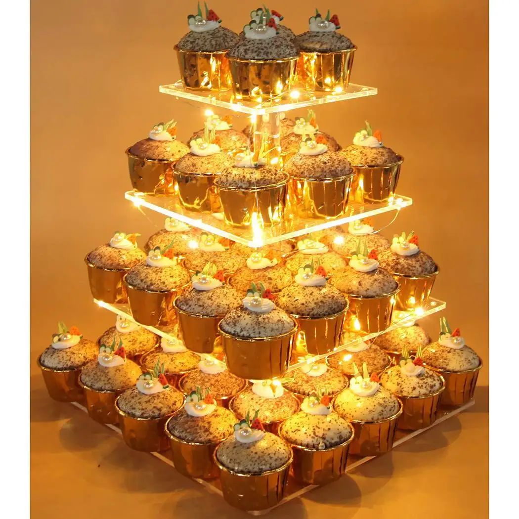 

4-layer Thick Square Acrylic Cake Stand Led laser cutting, polishing, tapping Light Wedding Candy Rack Display
