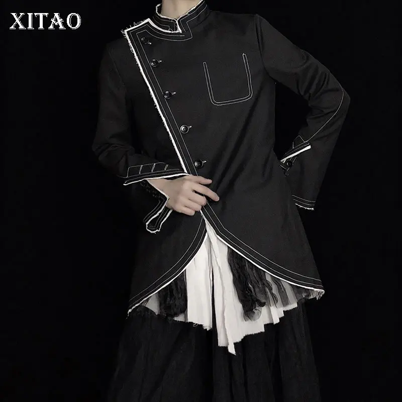 

XITAO Tide Personality Mesh Jacket Patchwork Irregular Women Clothes 2020 Spring New Loose Casual Stand Collar Coat Top ZLL4720