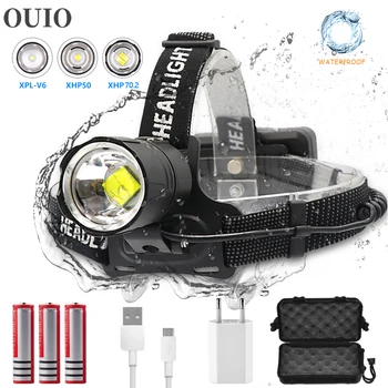 

80W LED Headlamp Fishing Camping High Power Lantern XHP-70.2 Zoomable USB Flashlight 18650