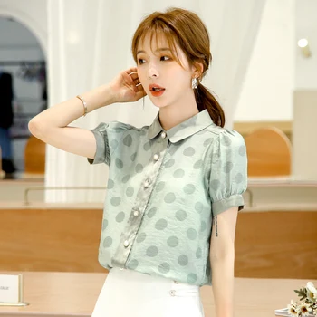 

COIGARSAM Short Sleeve Shirt Womens tops New Summer Chiffon Polka Dot Turn-down Collar Women shirts Green Wave Point 9269