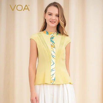 

Voa 30mm Heavyweight Silk Chain Printing Splicing Tuck Line Half High Collar Sleeve Pearl Button T-shirt B9070 Tshirt t Shirt