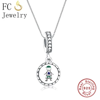 

FC Jewelry 925 Sterling Silver Little Blue Green Enamel Boy Hip Beads Pendants Necklace Chain Chokers For Women Female Trinket