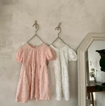 

2020 Infants Children Solid Color Cotton Linen Summer New Girls Short Sleeve Refreshing Leisure Long Joker Dresses for Baby