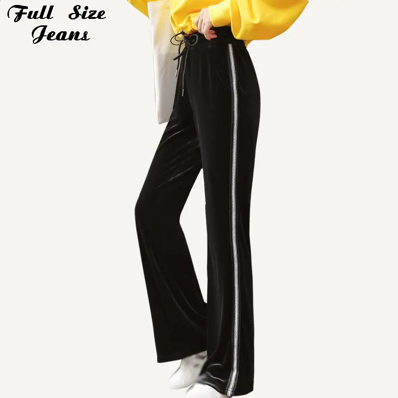 

Plus Size Streetwear Side Stripe Wide Leg Velvet Pants 3XL 4XL 5XL Autumn Spring High Elastic Waist Flare Pant Women Trousers