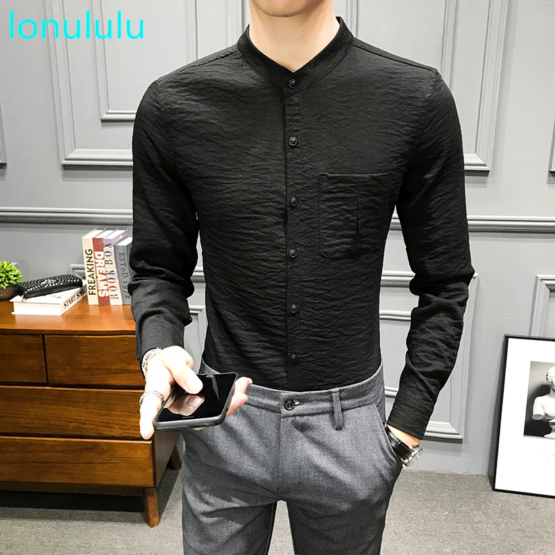 

Spring and summer fashion men's long sleeve shirt Korean loose and breathable thin linen small stand collar shirt