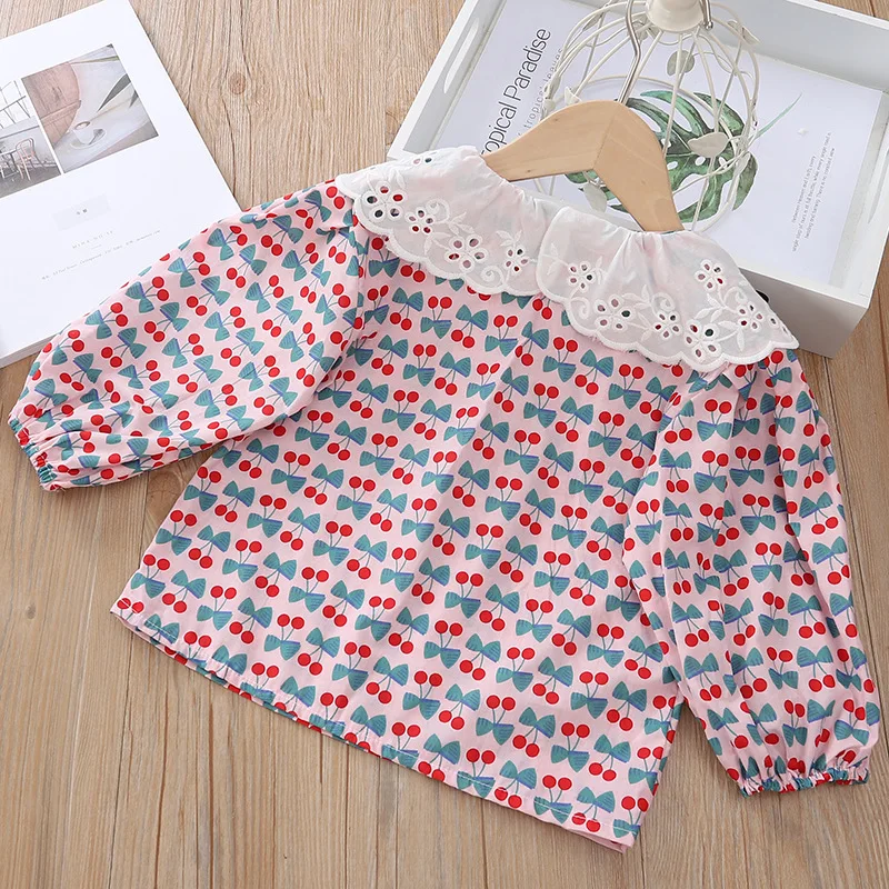 

Girls Autumn New Style Shirt Children Western Style Korean-style Tops Cotton Lace Fold-down Collar GIRL'S Baby Cherry Shirt Fash