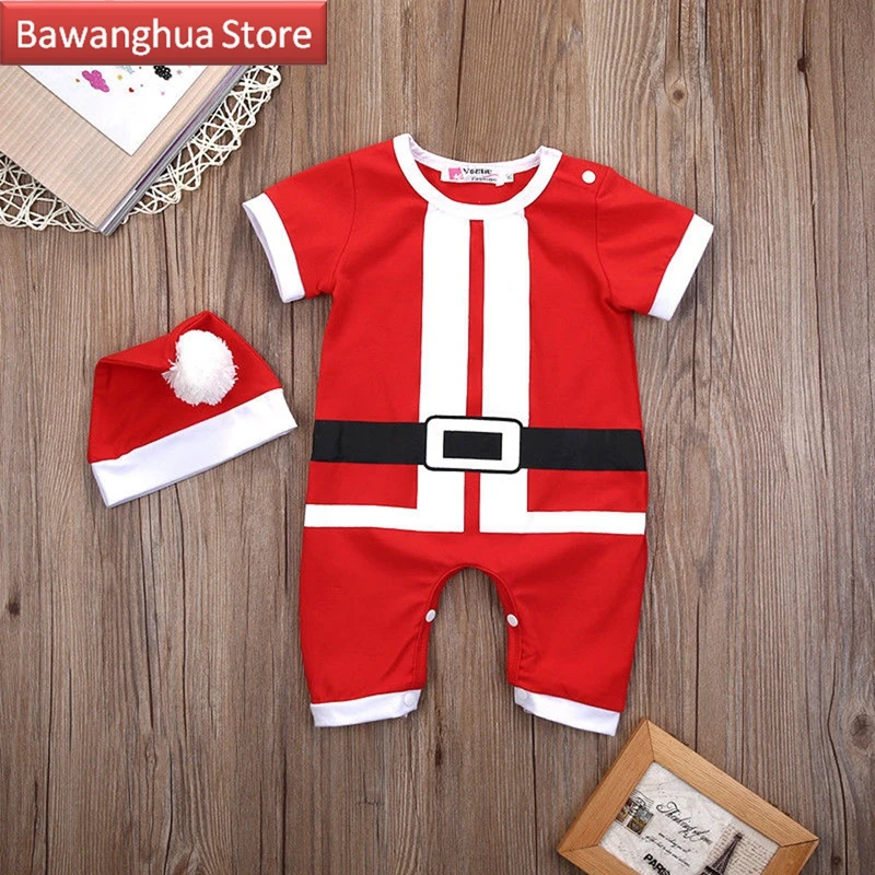 Santa Claus Christmas Costume Newborn Baby Girl Boy Clothes Xmas Belt Print Romper Jumpsuit Hat Outfits 2 Piece Set For Children