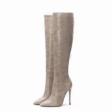 Snakeskin Knee High Boots Women Embossing Thin Heel Winter Shoes For Women Fur Boots Big Size 45 Sexy Spring Autumn Riding Boots