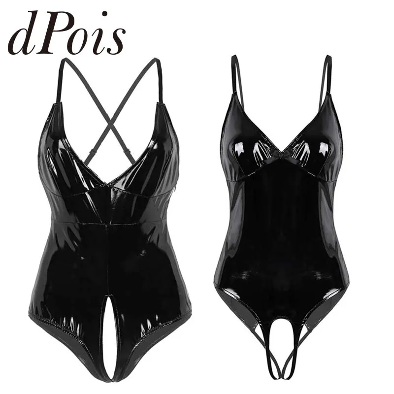 

Sexy Women Wet Look Patent Leather Lingerie Adjustable Shoulder Straps Deep V-neck Crotchless Teddy Bodysuit One Piece Sleepwear
