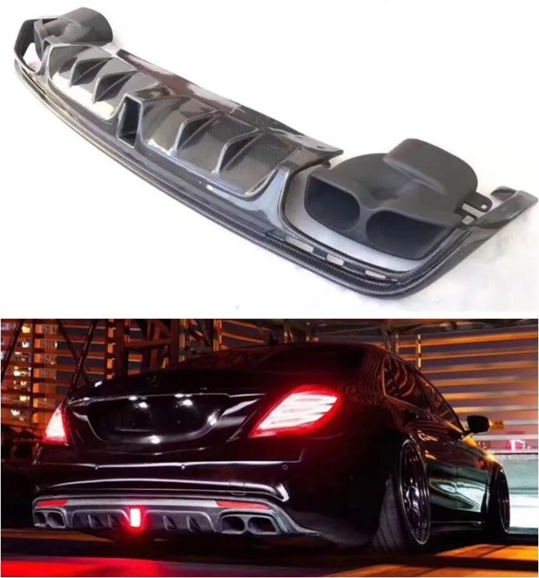 

Carbon fiber Rear Bumper Lip Spoiler Diffuser Cover With Exhaust Tips For Mercedes Benz S Class S63 S65 2014-2019