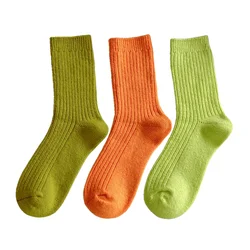 3 Pairs/Lot Wool Socks For Women Winter Warm Thick Wool Casual Long Socks Solid Color Soft Korean Style Neon Color Women's Socks