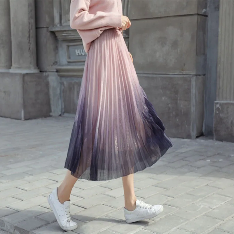 

2020 Women's Spring New Mesh Skirt Gradient Pleated Mid-length A-line Skirt Pleated High Waist Loose Skirt