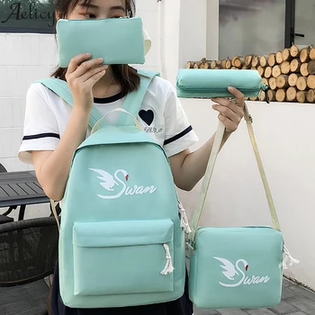 

Aelicy New Swan Nylon Backpack Cartoon Letter Student Backpack Casual Large Capacity Travel 4 Piece Suitable for Teenage Women