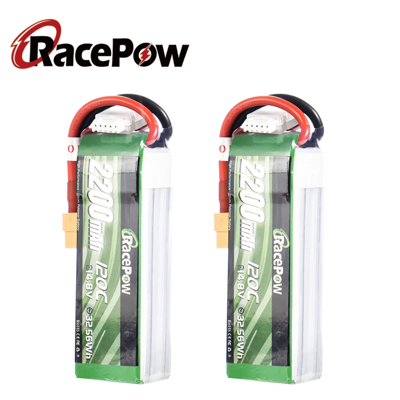 

RacePow 14.8V 120C 2200mAh 4S RC LiPo Battery with XT60 Plug 4 cells For RC 1/10 /12 scale vehicles RC Car Boats Drones 2 units