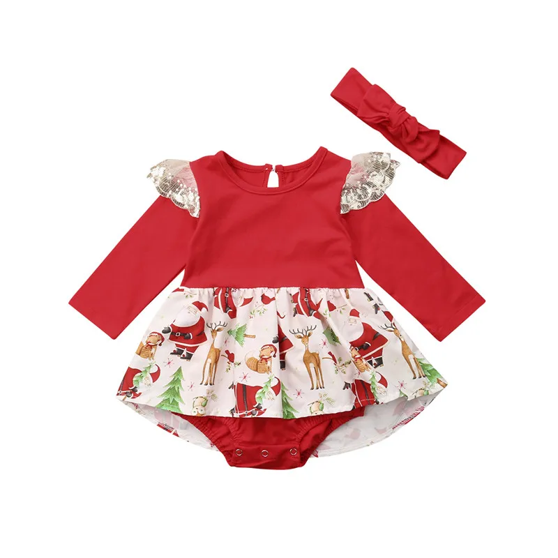 Рождественское кружевное платье-пачка для маленьких девочек; комплект с повязкой на голову; Нарядный комбинезон с длинными рукавами и оленем