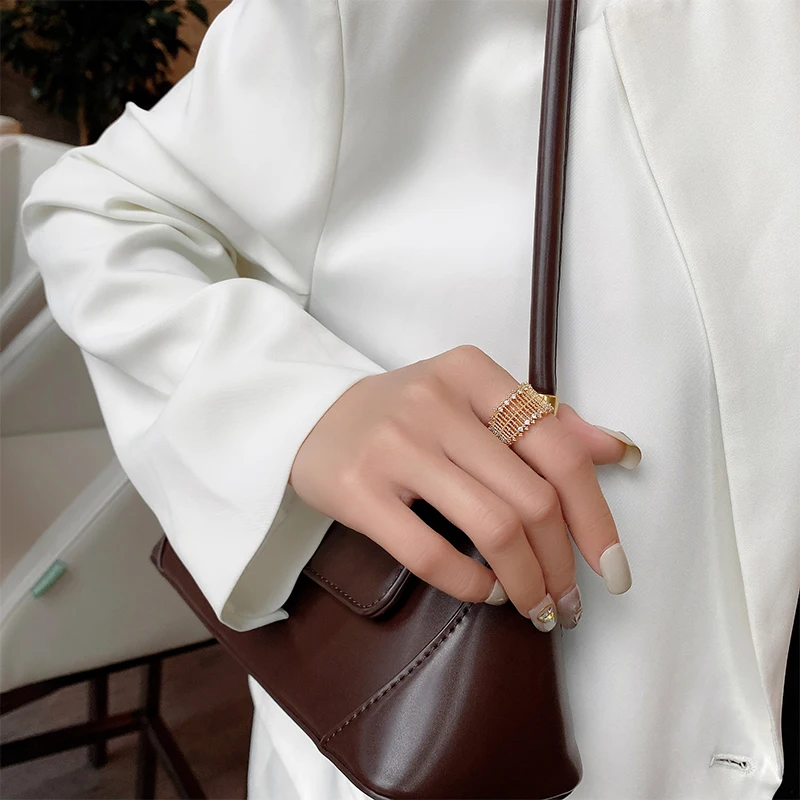 Metal Exaggerated Hollow Mesh Inlaid Zircon Gold Open Rings For Woman 2020 New Fashion Luxury Korean Jewelry Wedding Party Ring