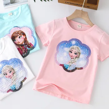 

Fashion Change Color Sequins Discoloration Princess Elsa Anna Cotton Summer Kids T Shirts for Children Girl T Shirt Tops