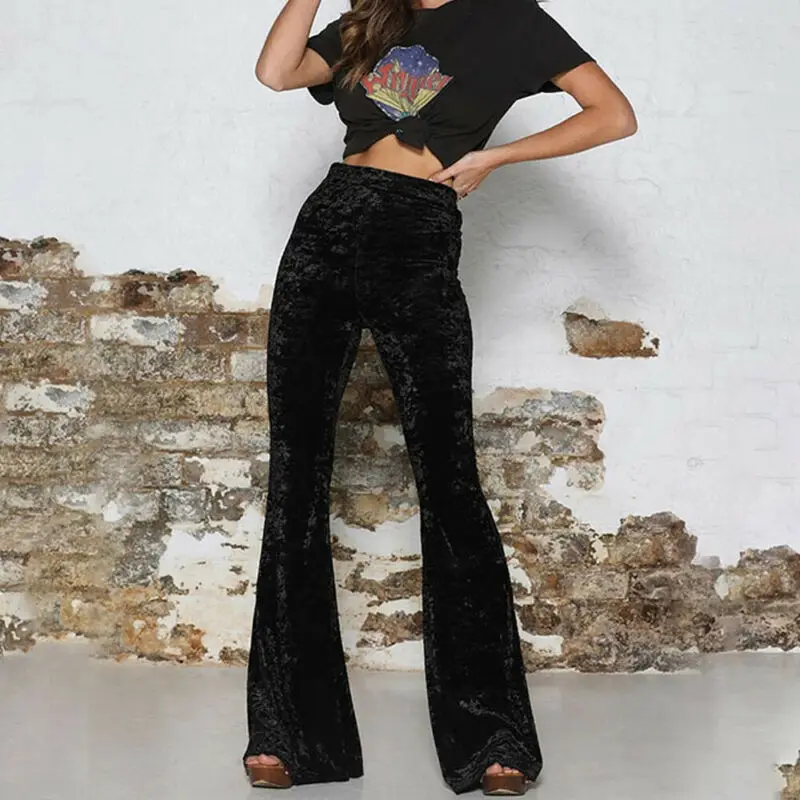 Long Wide Leg High Waist Velvet Flare 
