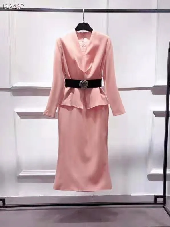 pink XXL платье Vestidos весна лето вечерние платья миди для женщин v-образный вырез цветочный пояс пэчворк длинный рукав облегающее платье OL - Цвет: pink