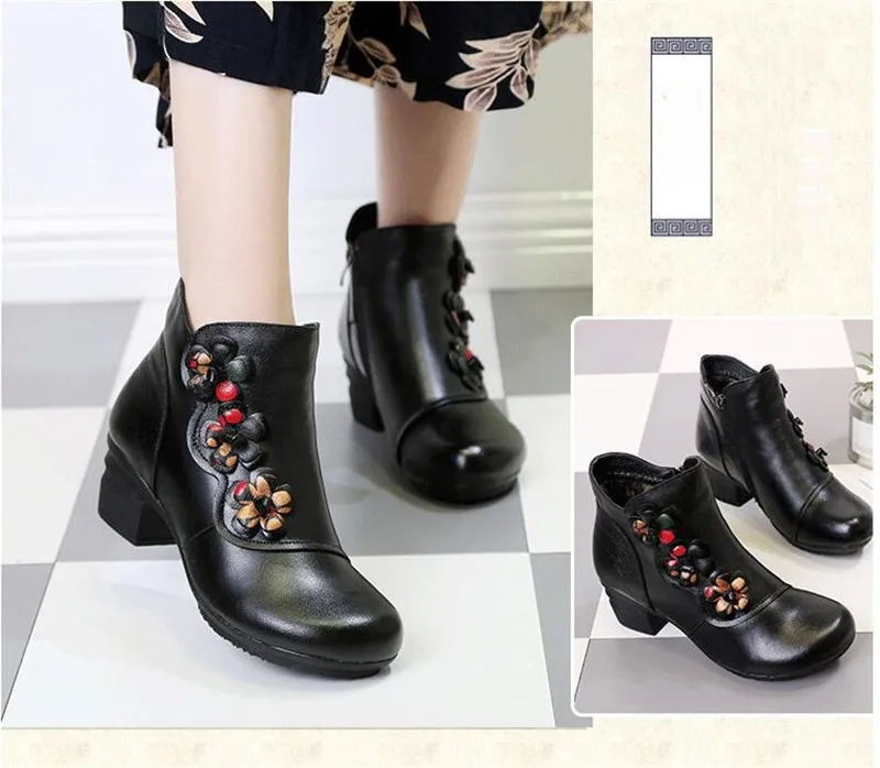 YAERNI Autumn Winter Shoes Woman Cow Leather Flower Shoes Comfort Med Heel Ankle Boots Genuine Leather Fashion Shoes women