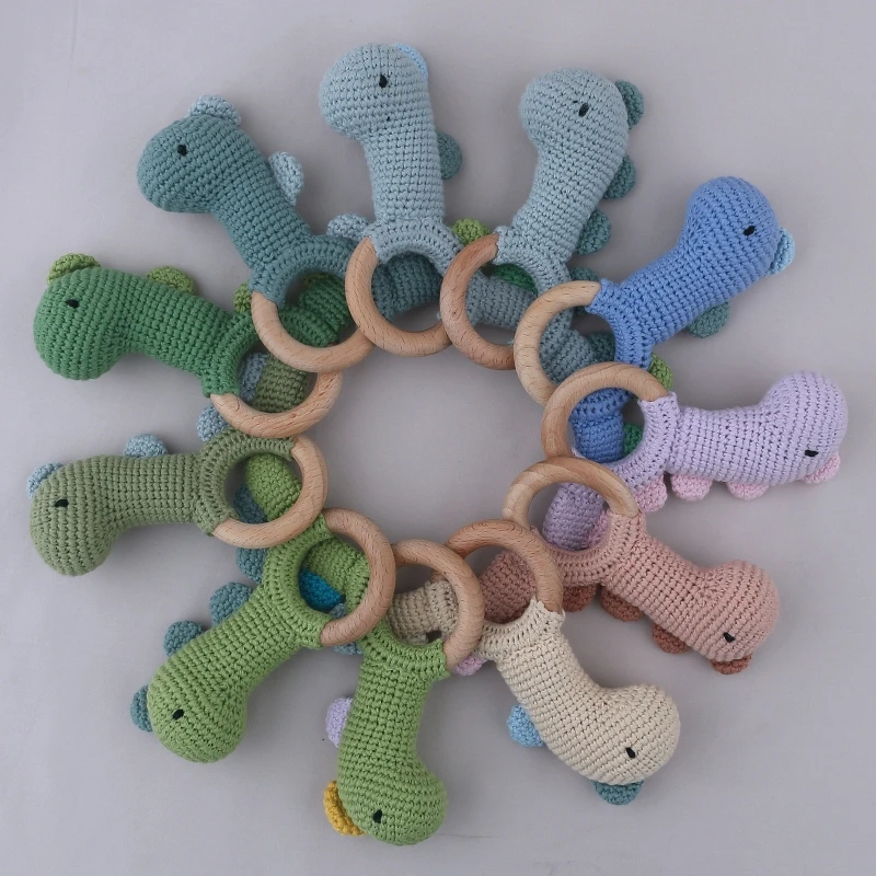 

Crochet Dinosaur Rattle Toy BPA Free Wood Ring Baby Teether Rodent Baby Gym Mobile Rattles Newborn Educational Toys G99C