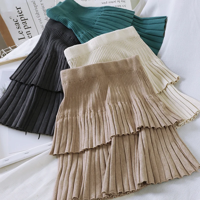 Плиссированные трикотажные женские юбки, однотонные короткие женские юбки с оборками, элегантные юбки с высокой талией, высокое качество